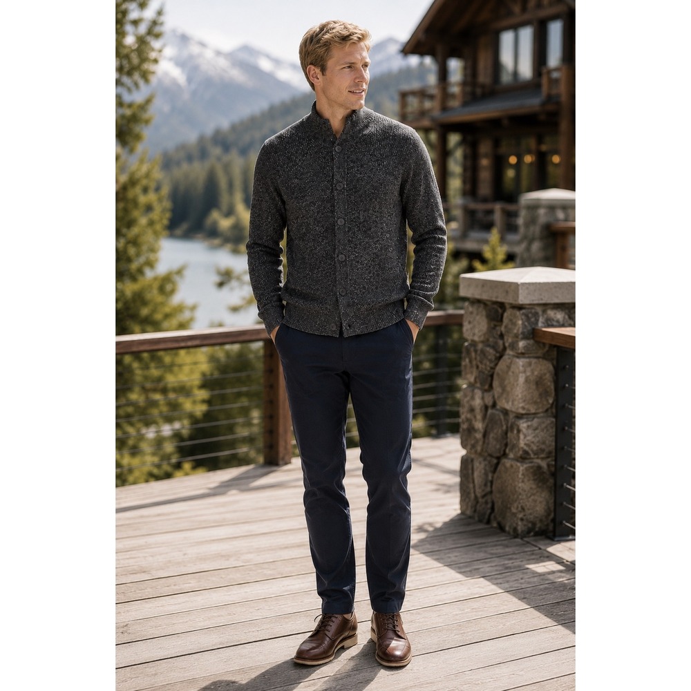 BRAX Jeff Gray Mock Neck Button Front Knit Cardigan Sweater